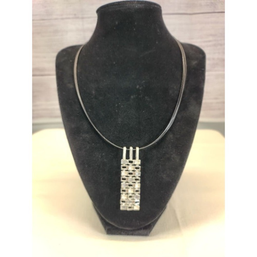 Silvertone and Blue Necklace with Black Multi-strand waxed strands, silver clasp